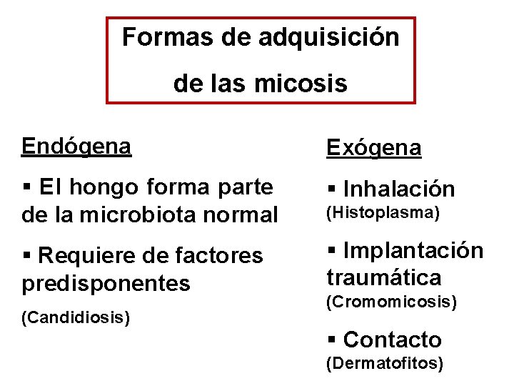 Formas de adquisición de las micosis Endógena Exógena § El hongo forma parte de