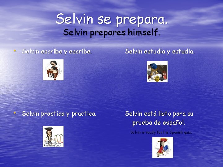 Selvin se prepara. Selvin prepares himself. • Selvin escribe y escribe. Selvin estudia y