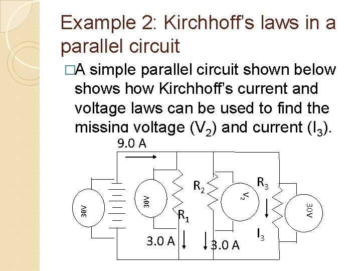 Example 2: Kirchhoff’s laws in a parallel circuit �A simple parallel circuit shown below