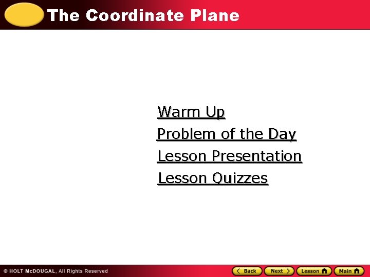 The Coordinate Plane Warm Up Problem of the Day Lesson Presentation Lesson Quizzes 