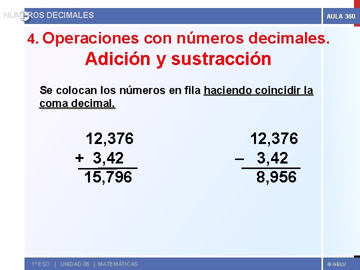 NÚMEROS DECIMALES AULA 360 4. Operaciones con números decimales. Adición y sustracción Se colocan