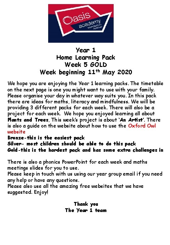 Year 1 Home Learning Pack Week 5 GOLD Week beginning 11 th May 2020