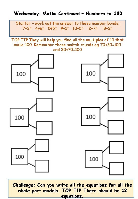 Wednesday: Maths Continued – Numbers to 100 Starter – work out the answer to