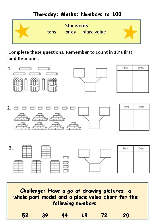 Thursday: Maths: Numbers to 100 tens Star words ones place value Complete these questions.