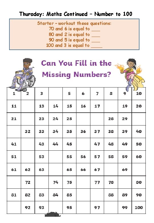 Thursday: Maths Continued – Number to 100 Starter – workout these questions: 70 and