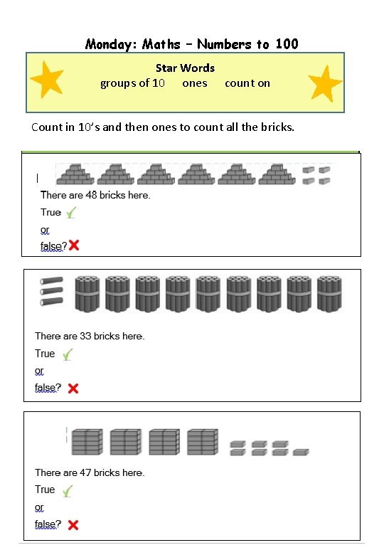 Monday: Maths – Numbers to 100 Star Words groups of 10 ones count on