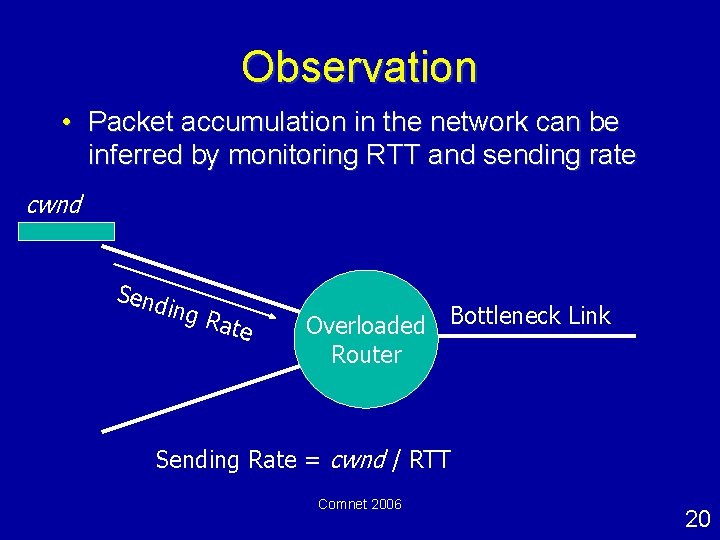 Observation • Packet accumulation in the network can be inferred by monitoring RTT and