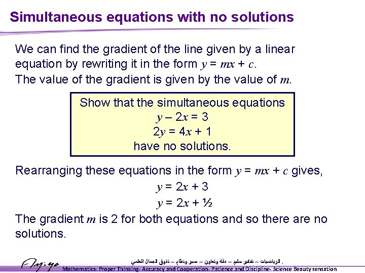 Simultaneous equations with no solutions We can find the gradient of the line given