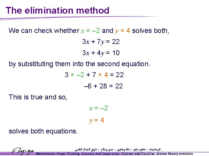 The elimination method We can check whether x = – 2 and y =