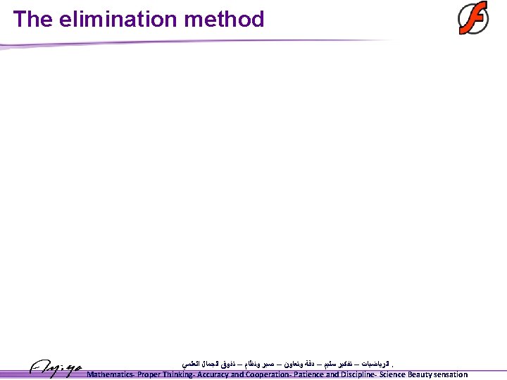 The elimination method ﺍﻟﺮﻳﺎﺿﻴﺎﺕ – ﺗﻔﻜﻴﺮ ﺳﻠﻴﻢ – ﺩﻗﺔ ﻭﺗﻌﺎﻭﻥ – ﺻﺒﺮ ﻭﻧﻈﺎﻡ –