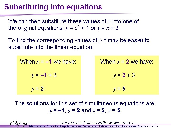 Substituting into equations We can then substitute these values of x into one of