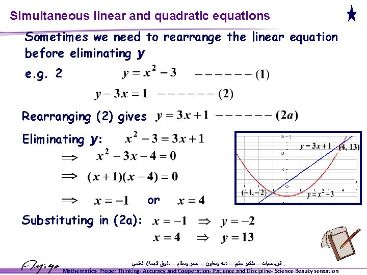 Simultaneous linear and quadratic equations Sometimes we need to rearrange the linear equation before