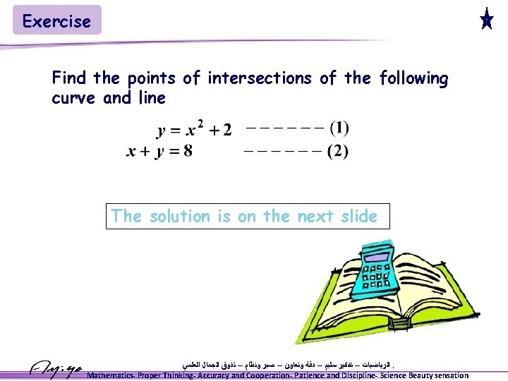 Exercise Find the points of intersections of the following curve and line The solution