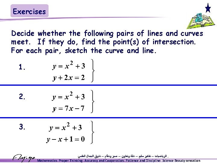 Exercises Decide whether the following pairs of lines and curves meet. If they do,