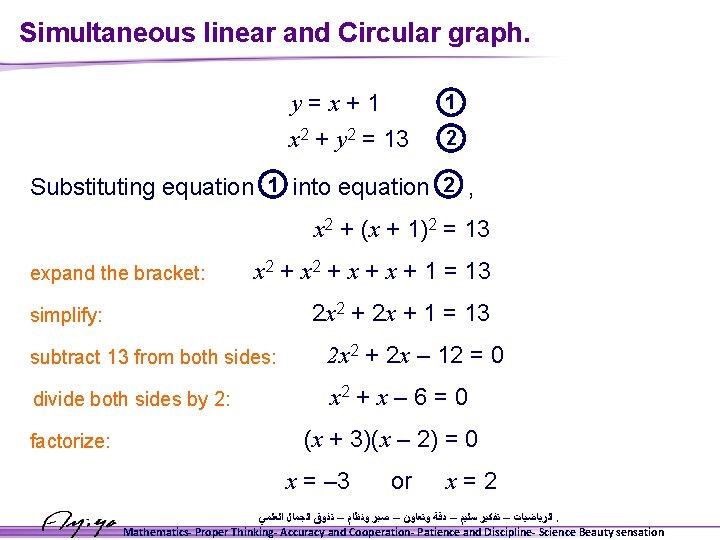 Simultaneous linear and Circular graph. y=x+1 x 2 + y 2 = 13 1