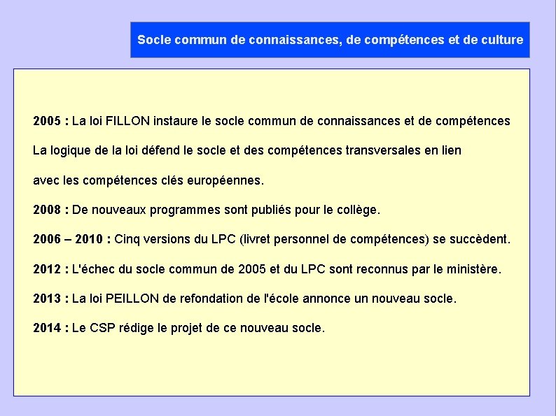 Socle commun de connaissances, de compétences et de culture 2005 : La loi FILLON