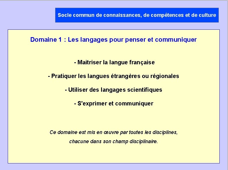 Socle commun de connaissances, de compétences et de culture Domaine 1 : Les langages