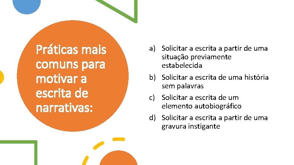 Práticas mais comuns para motivar a escrita de narrativas: a) Solicitar a escrita a