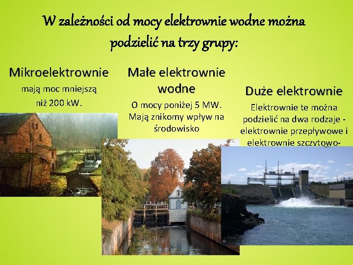 W zależności od mocy elektrownie wodne można podzielić na trzy grupy: Mikroelektrownie mają moc