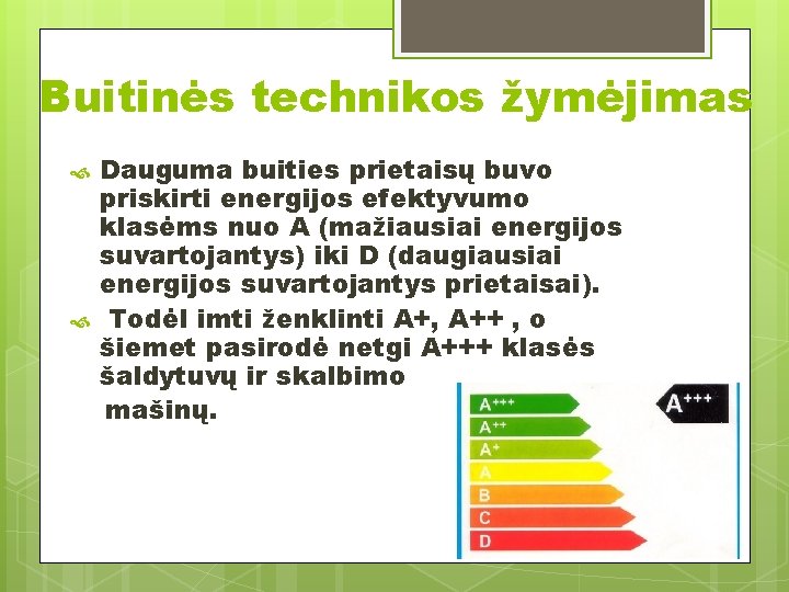 Buitinės technikos žymėjimas Dauguma buities prietaisų buvo priskirti energijos efektyvumo klasėms nuo A (mažiausiai Buitinės technikos žymėjimas Dauguma buities prietaisų buvo priskirti energijos efektyvumo klasėms nuo A (mažiausiai