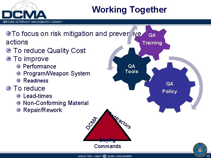 Working Together To focus on risk mitigation and preventive QA actions Training To reduce