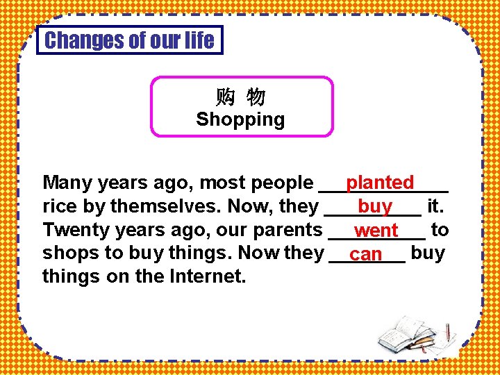 Changes of our life 购 物 Shopping Many years ago, most people ______ planted