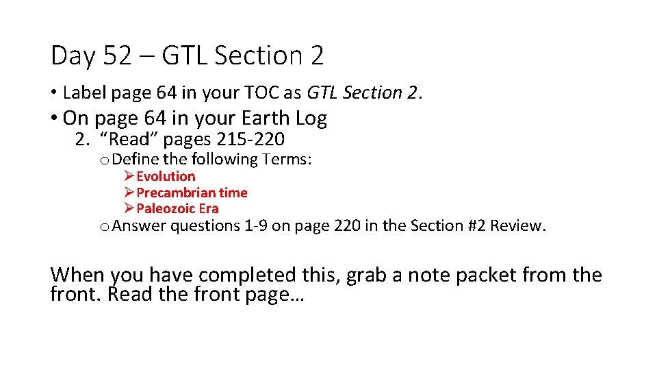 Day 52 – GTL Section 2 • Label page 64 in your TOC as