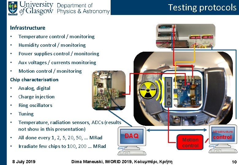 Testing protocols Infrastructure • Temperature control / monitoring • Humidity control / monitoring •