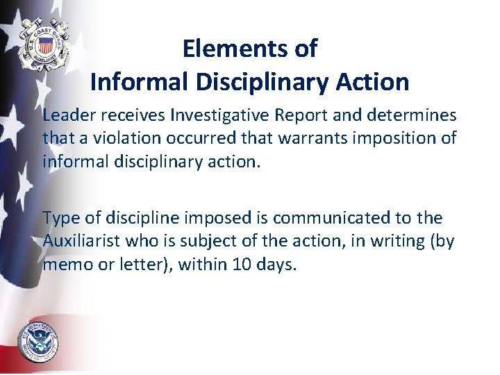Elements of Informal Disciplinary Action Leader receives Investigative Report and determines that a violation