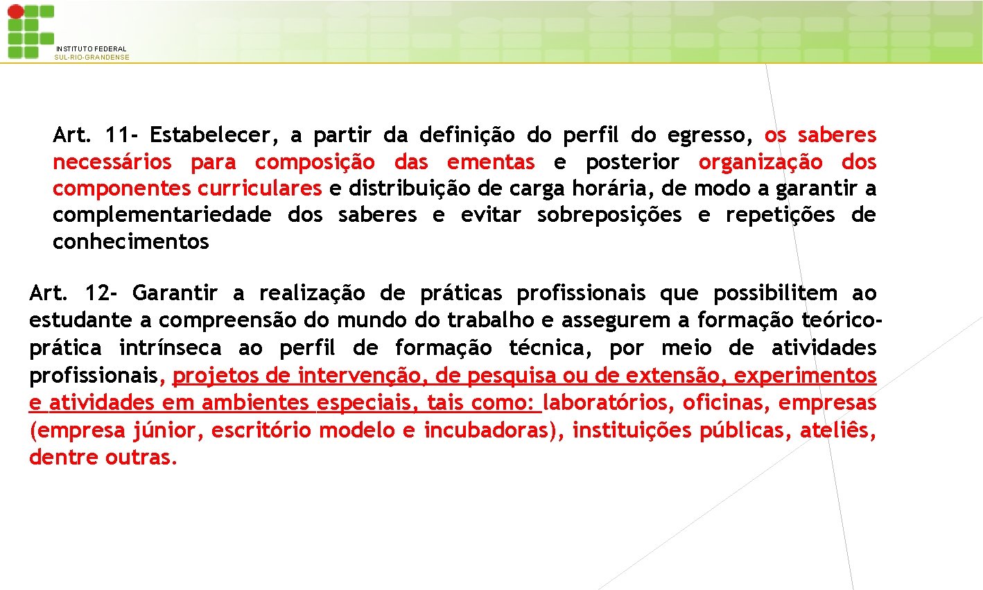 INSTITUTO FEDERAL SUL-RIO-GRANDENSE Art. 11 - Estabelecer, a partir da definição do perfil do