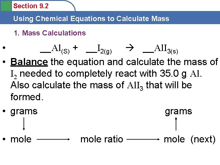 Section 9. 2 Using Chemical Equations to Calculate Mass 1. Mass Calculations • __Al(S)