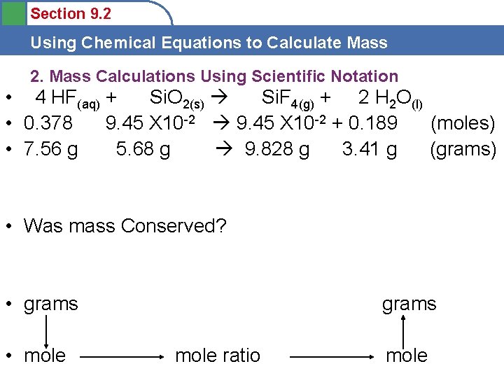 Section 9. 2 Using Chemical Equations to Calculate Mass 2. Mass Calculations Using Scientific