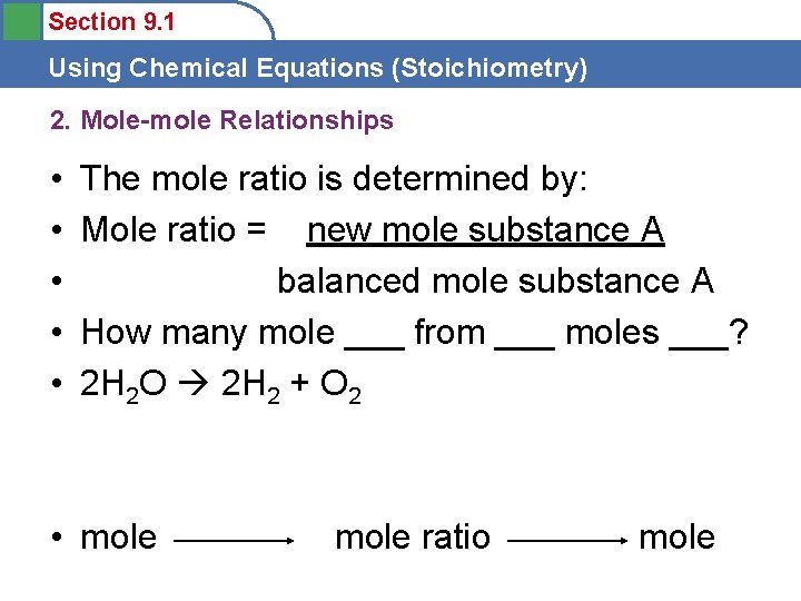 Section 9. 1 Using Chemical Equations (Stoichiometry) 2. Mole-mole Relationships • • • The