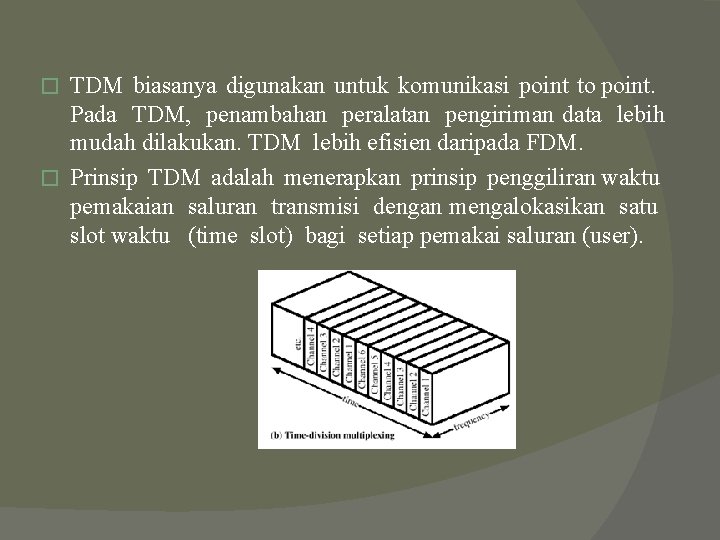 TDM biasanya digunakan untuk komunikasi point to point. Pada TDM, penambahan peralatan pengiriman data TDM biasanya digunakan untuk komunikasi point to point. Pada TDM, penambahan peralatan pengiriman data