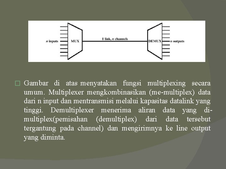 � Gambar di atas menyatakan fungsi multiplexing secara umum. Multiplexer mengkombinasikan (me-multiplex) data dari � Gambar di atas menyatakan fungsi multiplexing secara umum. Multiplexer mengkombinasikan (me-multiplex) data dari