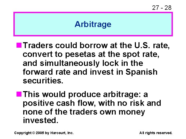 27 - 28 Arbitrage n Traders could borrow at the U. S. rate, convert