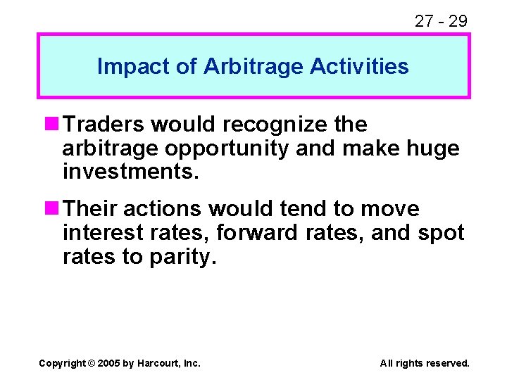27 - 29 Impact of Arbitrage Activities n Traders would recognize the arbitrage opportunity
