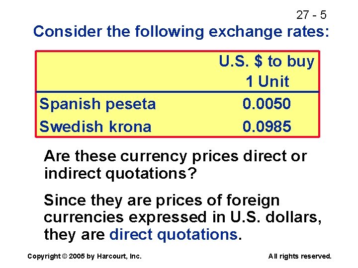 27 - 5 Consider the following exchange rates: Spanish peseta Swedish krona U. S.