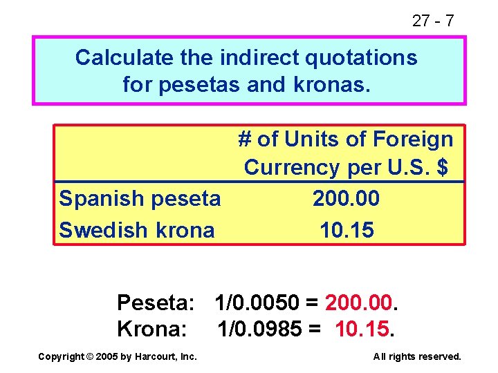 27 - 7 Calculate the indirect quotations for pesetas and kronas. # of Units