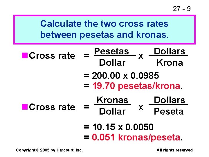 27 - 9 Calculate the two cross rates between pesetas and kronas. Pesetas Dollars