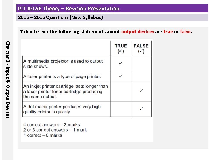 ICT IGCSE Theory – Revision Presentation 2015 – 2016 Questions (New Syllabus) Tick whether