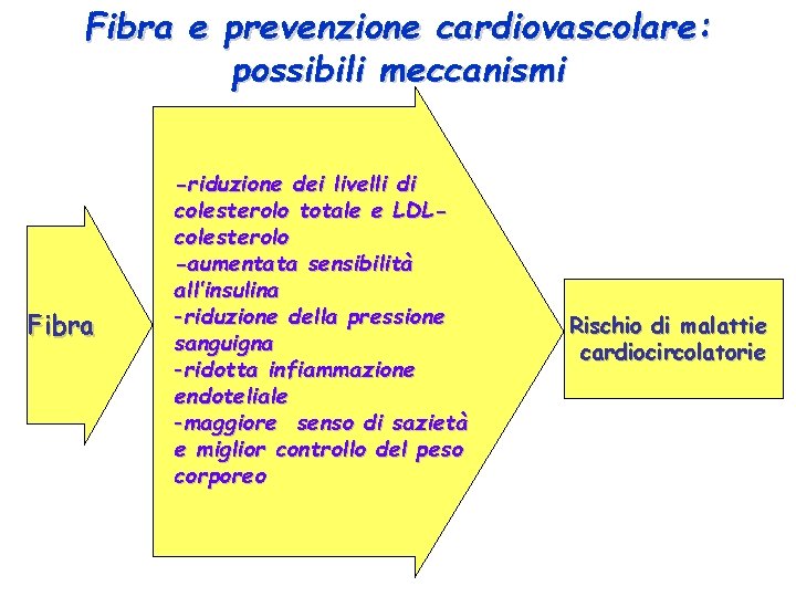 Fibra e prevenzione cardiovascolare: possibili meccanismi Fibra -riduzione dei livelli di colesterolo totale e