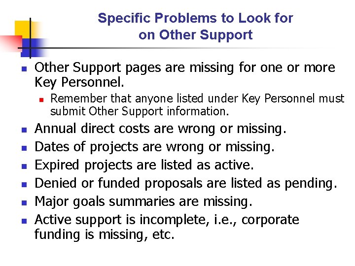 Specific Problems to Look for on Other Support pages are missing for one or