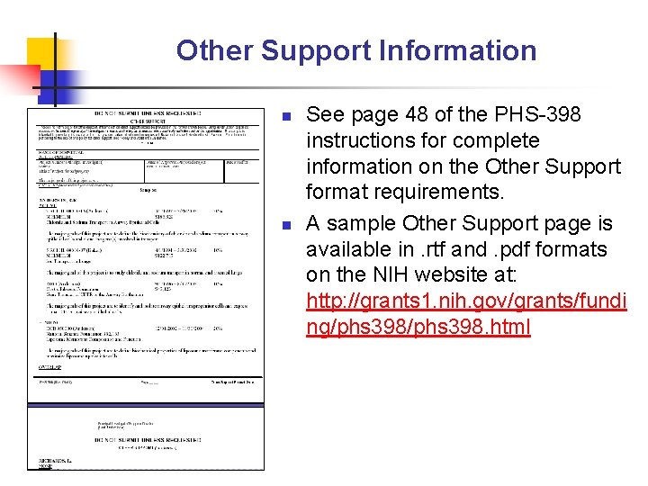 Other Support Information n n See page 48 of the PHS-398 instructions for complete