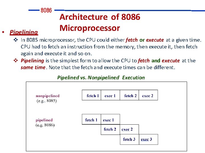 8086 • Pipelining Architecture of 8086 Microprocessor In 8085 microprocessor, the CPU could either