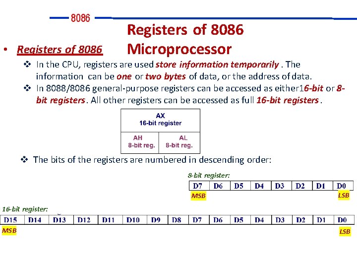 8086 • Registers of 8086 Microprocessor In the CPU, registers are used store information