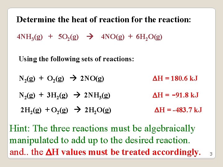 Determine the heat of reaction for the reaction: 4 NH 3(g) + 5 O