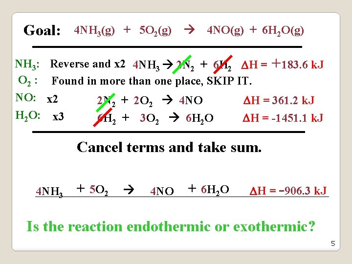 Goal: 4 NH 3(g) + 5 O 2(g) 4 NO(g) + 6 H 2