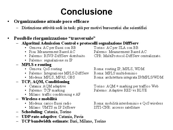 Conclusione • Organizzazione attuale poco efficace – Distinzione attività sedi in task: più per Conclusione • Organizzazione attuale poco efficace – Distinzione attività sedi in task: più per