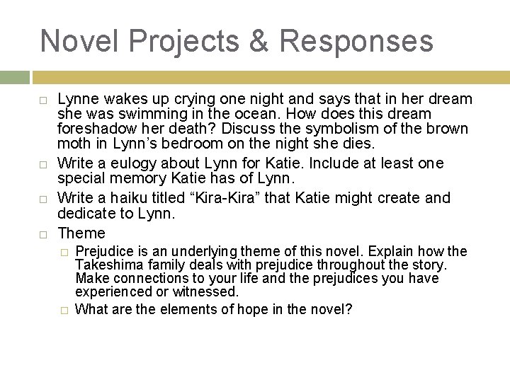 Novel Projects & Responses Lynne wakes up crying one night and says that in
